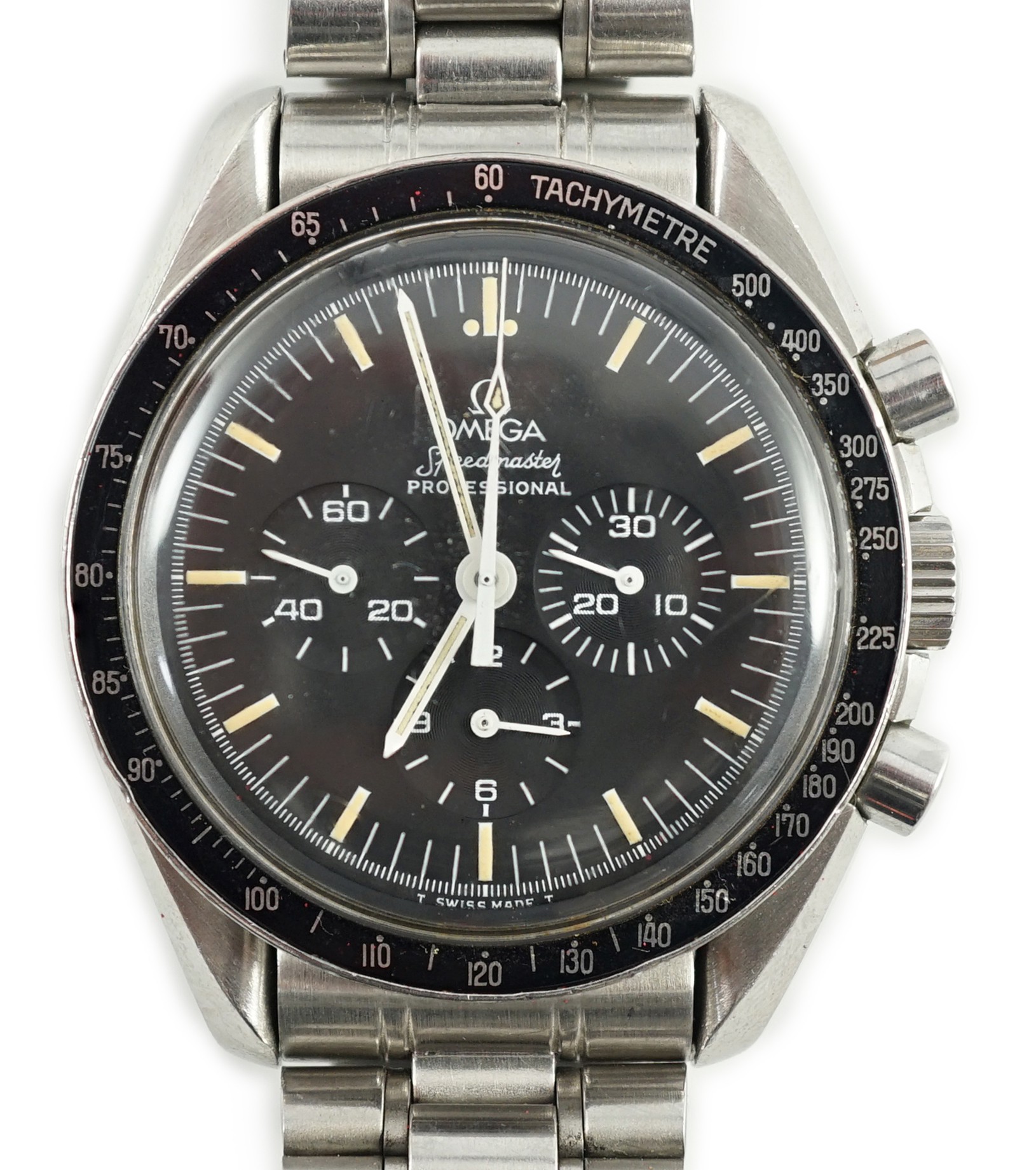 A gentleman's 1980's stainless steel Omega Speedmaster Professional 'The First Watch Worn On The Moon', manual wind wrist watch